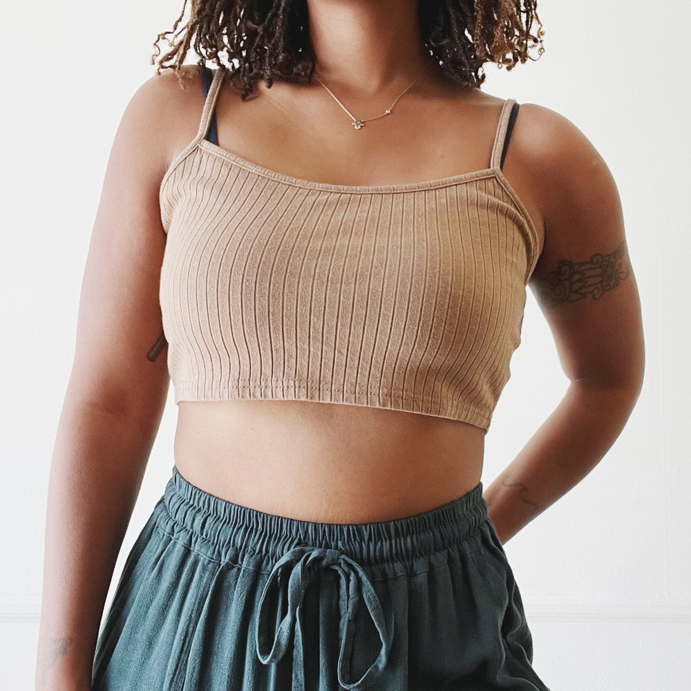brown ribbed cotton cropped tank top